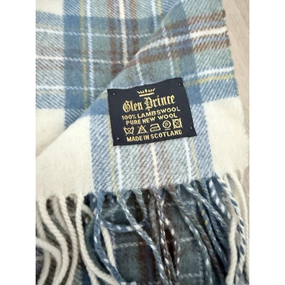 Vintage Glen Prince Scotland New Lambswool Scarf Blue Tan Plaid Quiet Luxury 90s